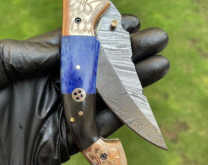 Handmade Damascus Steel Folding Knife: Bone & Copper Handle, Leather Sheath