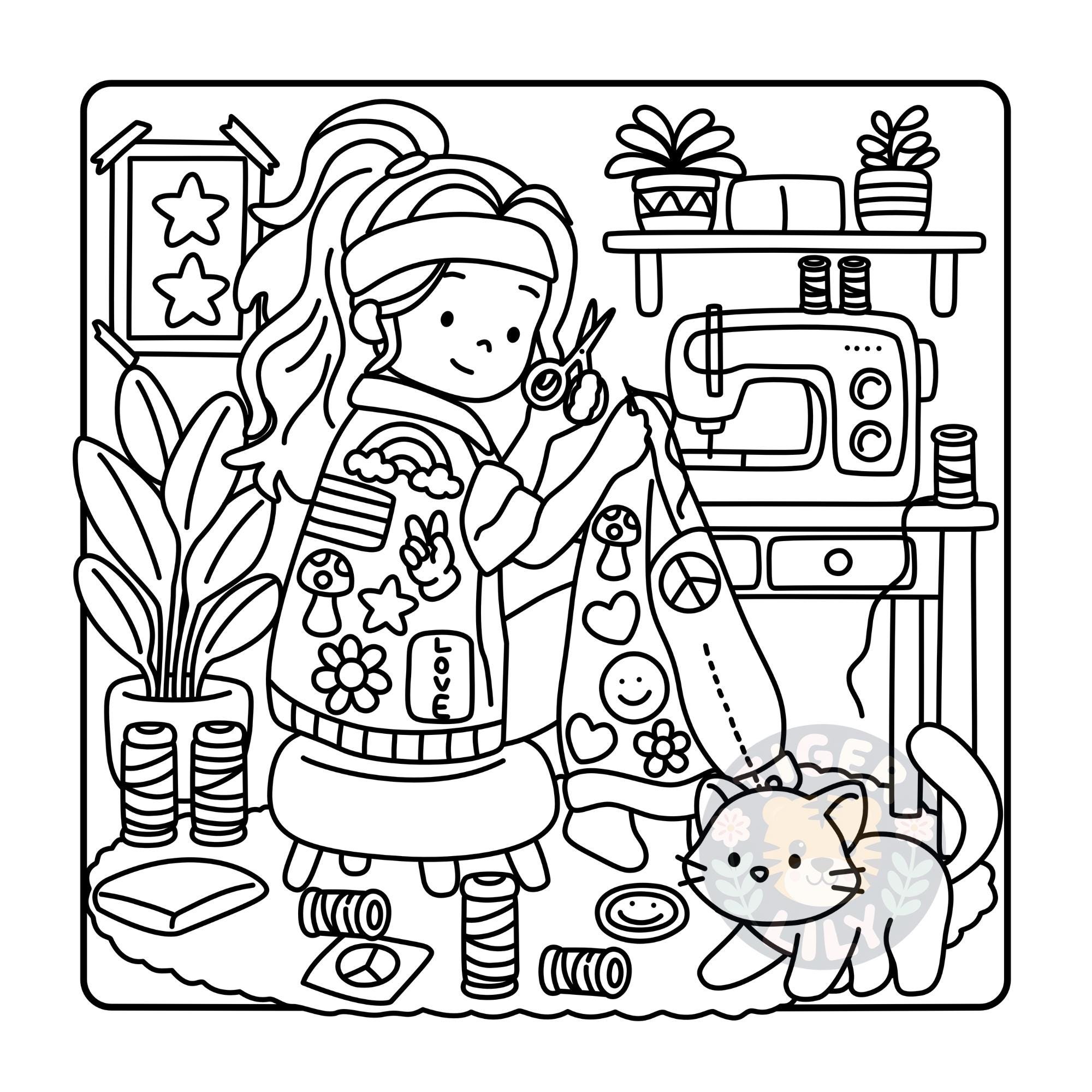 Set 2 of 6 Cozy Girl Coloring Pages Sheets Cute Scenes for Printing and ...