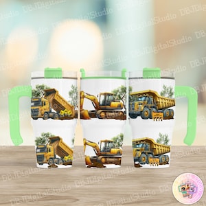 May include: Three 20 oz. stainless steel tumblers with green lids and handles. Each tumbler features a different design of construction vehicles, including a yellow dump truck, a yellow excavator, and a yellow bulldozer. The tumblers are on a wooden surface.