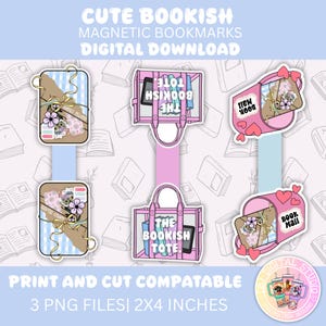 Op de afbeelding: Leuke bookish magnetische bladwijzers digitale download. De afbeelding toont zes verschillende bladwijzerontwerpen. De ontwerpen omvatten een roze tote bag, een roze brievenbus en een bladwijzer met bloemen. De bladwijzers zijn 5,08 x 10,16 cm.