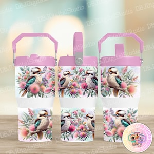 May include: Three white and pink water bottles with a floral and bird design. The design features a kookaburra bird perched on a branch with pink flowers and green leaves. The bottles have a pink handle and lid.