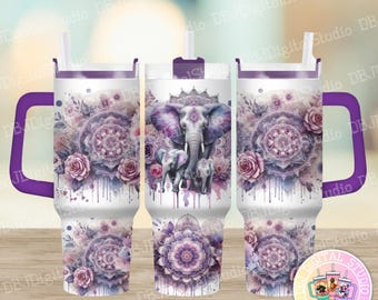 Lila Aquarell Elefanten - 40 Unzen Digital PNG Sublimationsbecher FULL Wrap
