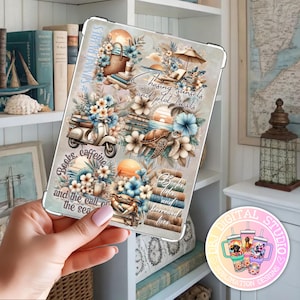May include: A clear tablet case featuring a beach-themed design with a scooter, books, flowers, and the text "Summer Vibes", "Chasing sunsets and plot twists", and "Books, caffeine, and the call of the sea". The case has a colorful, floral design.