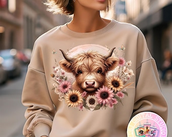 Cute Highland Cow - Neutral colour pallet - PNG Tshirt Design - DTF Digital Download