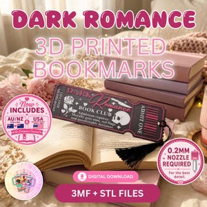 May include: A black 3D printed bookmark shaped like an admission ticket with pink text and graphics including a rose, a skull, and a knife. The text reads Dark Romance Book Club, Admission requires: Morally grey men, red flags and questionable decisions, and Admit One. It features a black tassel.