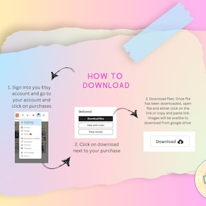 Puede incluir: Un gr&aacute;fico con instrucciones sobre c&oacute;mo descargar archivos digitales de Etsy. El gr&aacute;fico muestra una captura de pantalla de la p&aacute;gina de compras de Etsy, una captura de pantalla de la p&aacute;gina de descarga de Etsy y un bot&oacute;n de descarga.