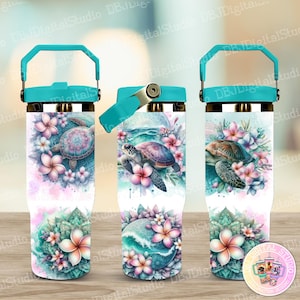 May include: Three stainless steel tumblers with a turquoise lid and handle. Each tumbler features a watercolour design of a sea turtle with pink and white flowers. The tumblers are on a white background.