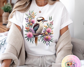 Kookaburra and Pastel Aussie Native Flowers -PNG Tshirt Design - DTF Digital Download - Australian Animals, Aussie, Oz, Bottlebrush flowers