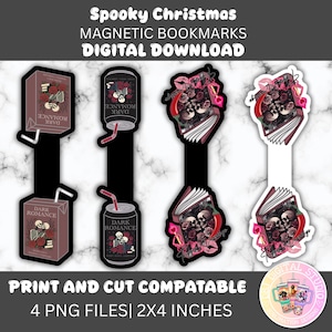 May include: A set of four magnetic bookmarks with a spooky Christmas theme. The bookmarks feature illustrations of a book, a drink carton, and a soda can, all with a dark romance theme. Each bookmark is 2 x 4 inches.