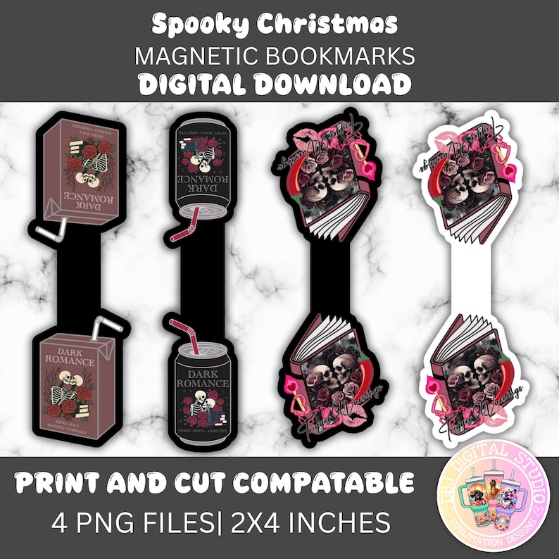 May include: A set of four magnetic bookmarks with a spooky Christmas theme. The bookmarks feature illustrations of a book, a drink carton, and a soda can, all with a dark romance theme. Each bookmark is 2 x 4 inches.