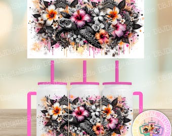 Watercolour Black and White Turtle  - 16oz DIGITAL SUBLIMATION Wrap. Frosted or Stainless steel Libby Cups/Tumbler With Handle