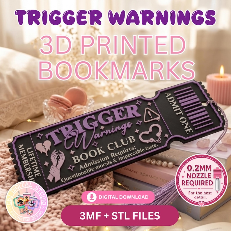 May include: A black 3D printed bookmark shaped like an admission ticket with purple text reading TRIGGER WARNINGS BOOK CLUB, ADMIT ONE, and LIFETIME MEMBERSHIP. It features icons of a broken heart, hands, a warning sign, and a heart chain.
