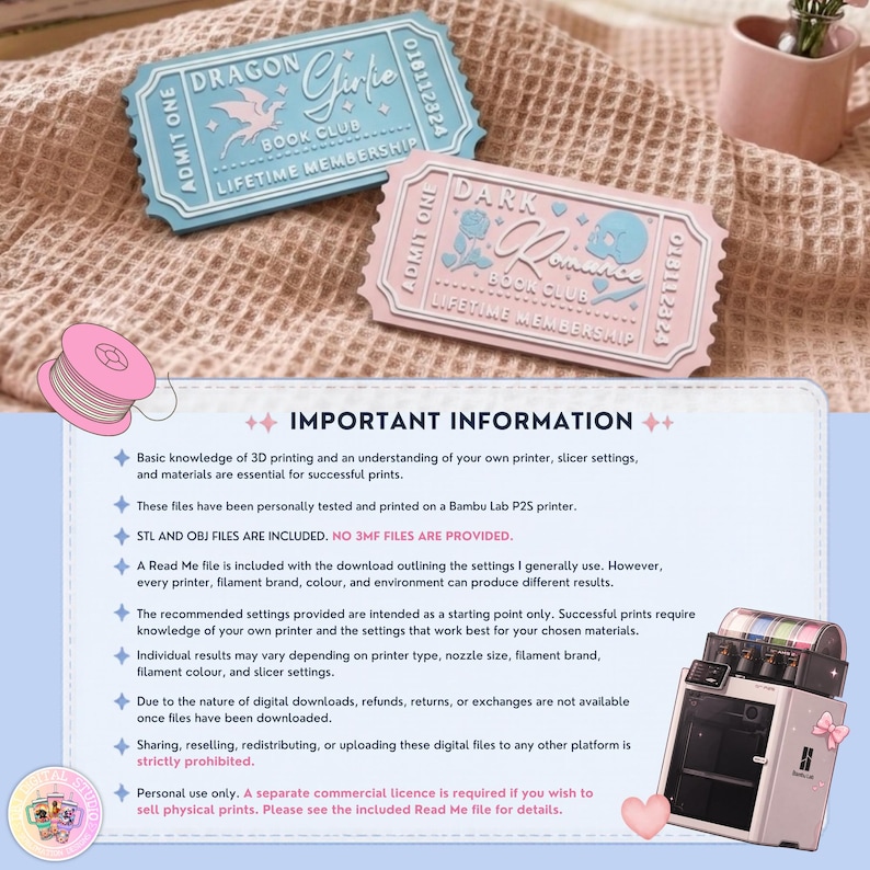 May include: Two rectangular ticket-shaped plaques with scalloped edges. The blue plaque reads Dragon Girlie Book Club Lifetime Membership. The pink plaque reads Dark Romance Book Club Lifetime Membership. Below is a text box with 3D printing instructions.