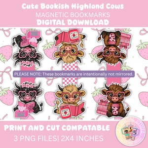Cute bookish Highalnd Cows - Digital Download - Printable Magnetic Bookmarks - DIY - Cricut - Cutting Machines