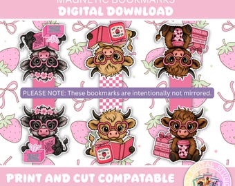 Cute bookish Highalnd Cows - Digital Download - Printable Magnetic Bookmarks - DIY - Cricut - Cutting Machines