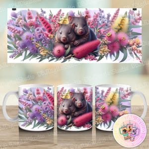 May include: Two wombats cuddling in a field of pink and purple flowers. The wombats are brown and black with white noses. The flowers are surrounded by green leaves.