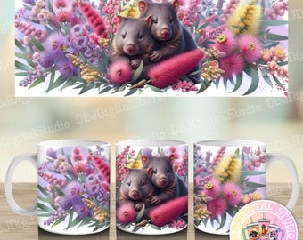 Wombats and Australian Native Flowers- Digital PNG 11oz Sublimation Coffee Mug Design Wrap