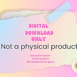 Puede incluir: Un gr&aacute;fico de descarga digital con un fondo degradado rosa y azul. El texto "DESCARGA DIGITAL SOLO" est&aacute; en rosa y el texto "No es un producto f&iacute;sico" est&aacute; en negro. El texto "Debido a la naturaleza de este producto, NO se dar&aacute;n reembolsos" est&aacute; en negro. Un peque&ntilde;o logotipo con el texto "DIGITAL STUDIO" est&aacute; en la esquina inferior derecha.
