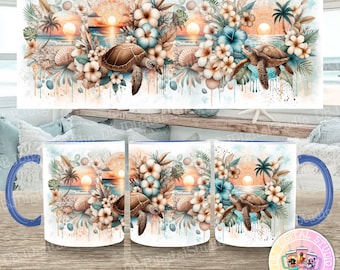 Neutral Turtles 2 - Boho Coastal Collection - Digital PNG 11oz Sublimation Coffee Mug Design Wrap