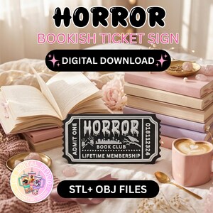 May include: A black and white rectangular sign shaped like a ticket with the text HORROR BOOK CLUB ADMIT ONE LIFETIME MEMBERSHIP, featuring illustrations of handprints, a graveyard, and a raven on a branch, presented as a digital download file.