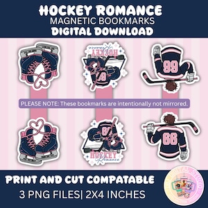 Könnte beinhalten: Ein Set digitaler magnetischer Lesezeichen mit Eishockey-Motiven, darunter Schlittschuhe mit herzförmigen Schnürsenkeln, Trikots mit der Nummer 66 und Helme. Der Text lautet HOCKEY ROMANCE MAGNETIC BOOKMARKS DIGITAL DOWNLOAD.