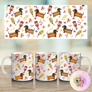 May include: White ceramic mug featuring a repeating pattern of dachshunds in hot dog buns, ketchup, mustard, and decorative elements. The design is also on a poster. The mug has a white handle.