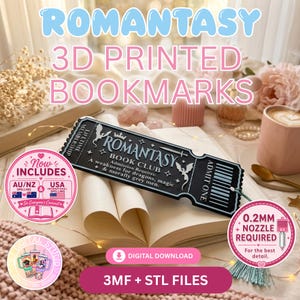 May include: A black 3D printed bookmark shaped like an admission ticket with white text reading ROMANTASY BOOK CLUB, Admission Requires: A weakness for dragons, magic & morally grey men. It features dragon and sword icons and a barcode.