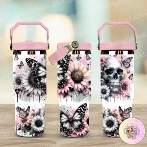 May include: Three stainless steel tumblers with pink lids and different designs. The first tumbler features a black and white butterfly with pink flowers. The second tumbler features a skull with pink flowers. The third tumbler features a black and white butterfly with pink flowers.