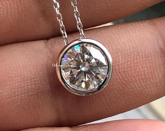 Bezel Set Round Moissanite Necklace 2.00 Ct Solitaire White Moissanite Necklace Round Cut Moissanite Women Necklace White Gold Diamond Chain