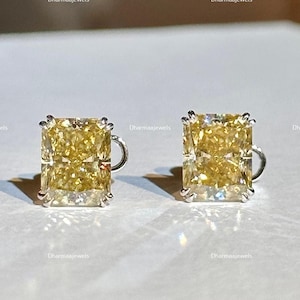Canary Yellow Moissanite Earring Radiant Cut Yellow Moissanite Stud Earring 1.50 + 1.50 Ct Radiant Cut Stud Earring Diamond Earring Woman