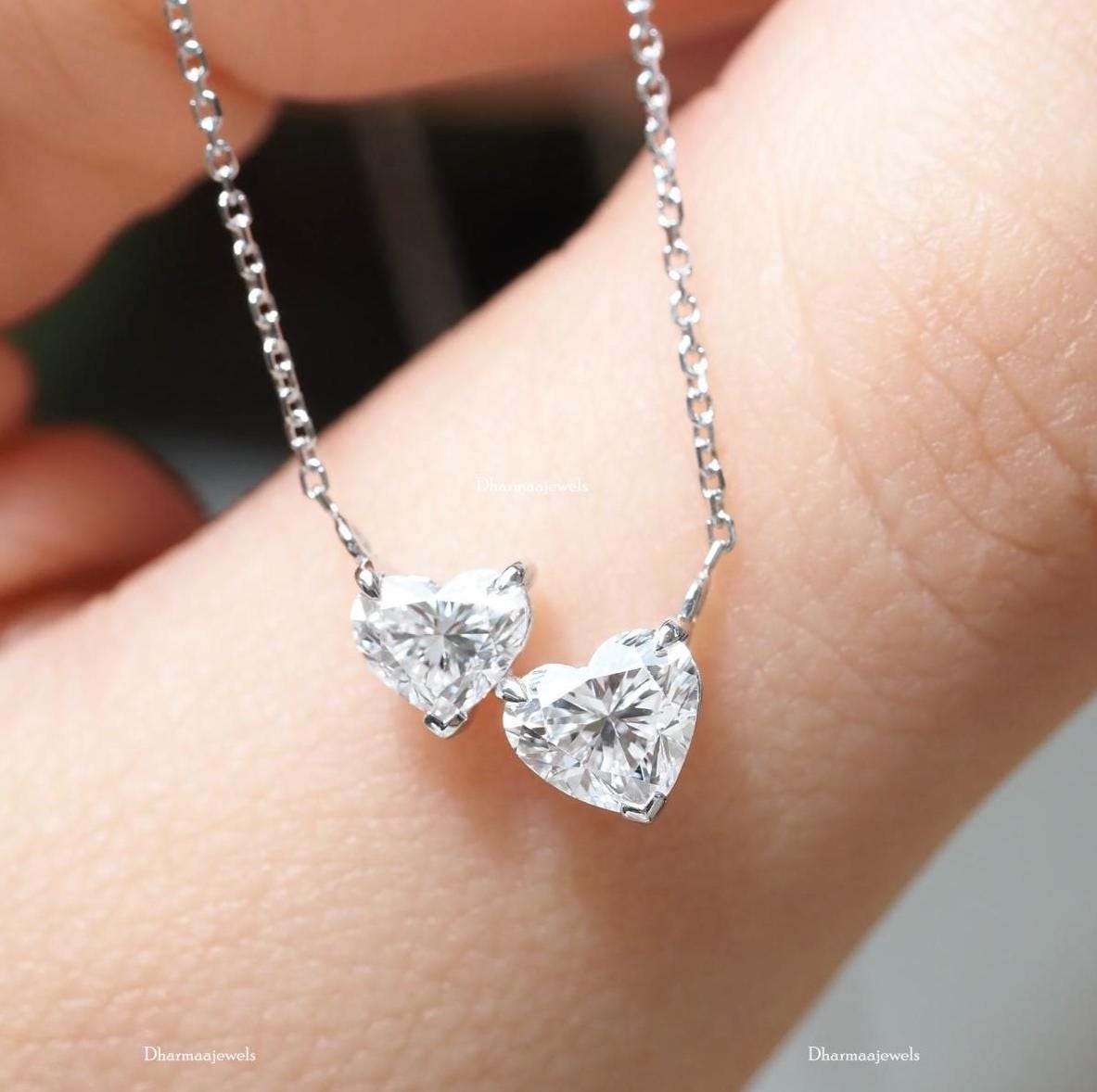 White Gold Diamond Fancy Heart Shape Necklace Two Stone White Moissanite Necklace 1.50 Ctw Heart Cut Moissanite Necklace Toi Et Moi Necklace