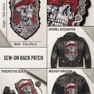 May include: A large, shield-shaped sew-on back patch featuring a detailed illustration of a skull wearing a red blindfold and smoking a cigarette, surrounded by barbed wire. The patch measures 14.5 inches in height and 9.5 inches in width.