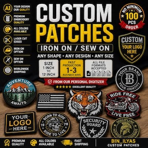 Puede incluir: Una colección de parches personalizados con varios diseños, incluyendo una bandera americana, un tigre, una motocicleta y una calavera. Los parches están disponibles en cualquier forma y tamaño, con opciones para planchar y coser. El texto incluye "Custom Patches", "Ride Free" y "Adventure Awaits".