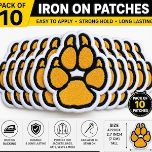 Könnte beinhalten: Ein Set aus 10 Aufbügel-Patches mit einem gelb-schwarzen Pfotenabdruck-Design und weißem Rand. Die Patches sind ca. 7 cm hoch. Der Text auf dem Bild enthält PACK OF 10, IRON ON PATCHES, EASY TO APPLY, STRONG HOLD, LONG LASTING.