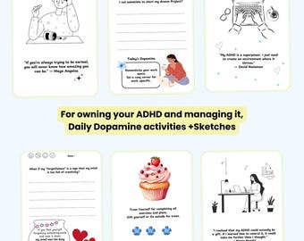 Op de afbeelding: Een set van zes geïllustreerde kaarten met citaten en prompts voor ADHD-beheer. De kaarten bevatten lijntekeningen en tekst, waaronder citaten van Maya Angelou en David Neelman. De kaarten zijn ontworpen voor dagelijkse dopamine-activiteiten en schetsen.