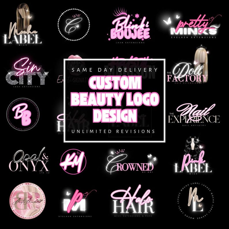 Puede incluir: Una colecci&oacute;n de logotipos de negocios de belleza en rosa y blanco sobre un fondo negro. Los logotipos incluyen texto como "Custom Beauty Logo Design" y nombres de empresas como "Pretty Minks" y "Halo Hair".