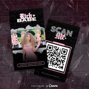 May include: Two black business cards with a pink and white design. One card features the text "Rich Babe Hair Co" and a photo of a woman. The other card says "Scan Me" with a QR code and "Shop Now".