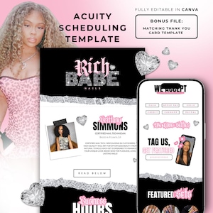 Könnte beinhalten: Acuity-Planungsvorlage mit rosa und schwarzem Design. Die Vorlage enthält den Text "Rich Babe Nails" und "Brittany Simmons, Certified Nail Technician". Ein Telefon zeigt Zahlungsmöglichkeiten und fordert zum Taggen des Unternehmens auf.