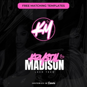May include: Pink and white logo with the initials "KM" in a circle with a small heart above the letters. The text "Krystal Madison Lash Tech" is below the logo. The text "Customize in Canva" is at the bottom of the image.