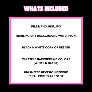 Puede incluir: Gr&aacute;fico con el texto "WHATS INCLUDED" en rosa. Enumera los archivos incluidos: PNG, PDF, JPG, una marca de agua transparente, una copia en blanco y negro del dise&ntilde;o, m&uacute;ltiples colores de fondo y revisiones ilimitadas.