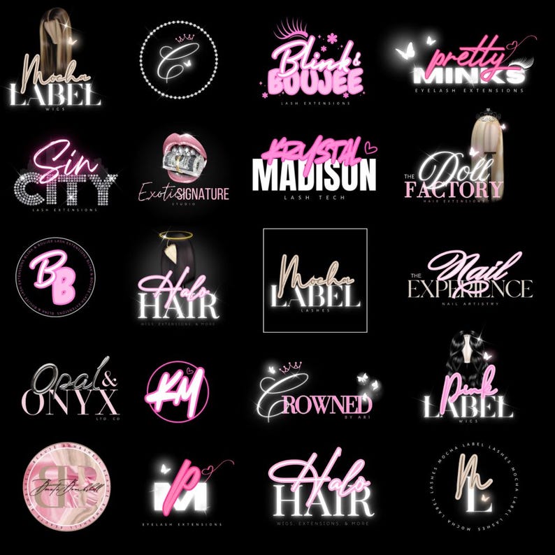 Puede incluir: Una colecci&oacute;n de logotipos en rosa y blanco sobre un fondo negro. Los logotipos presentan varios dise&ntilde;os de texto, incluyendo "Mocha Label", "Blinks & Boujee" y "Pretty Minks". Algunos logotipos incorporan coronas, mariposas y otros elementos decorativos.