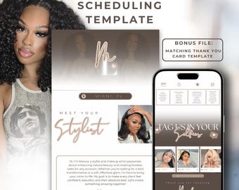 May include: A digital template for scheduling appointments with a stylist. The template features a brown and white colour scheme with a photo of a woman with long black hair. The text "Meet Your Stylist" is featured in a large font. The template also includes a section for the stylist's bio and a section for booking appointments.