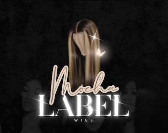 May include: A logo for a wig company called "Mocha Label Wigs". The logo features a stylised image of a woman with long, brown and blonde hair, a butterfly, and the text "Mocha Label Wigs" in white letters with a gold outline. The text "Customize in Canva" is also included in the logo.