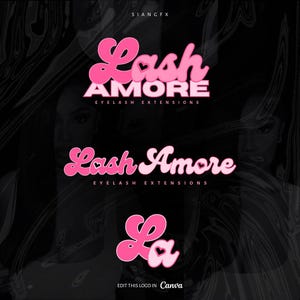 以下が含まれることがあります： ピンクと白の「Lash Amore」ロゴと、その下に「Eyelash Extensions」の文字。ロゴは、その下にロゴの小さいバージョンで繰り返されています。背景は、渦巻き模様の黒色です。