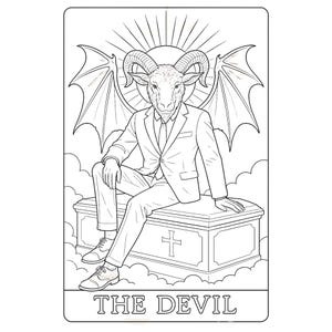 Black and white tarot coloring page of “The Devil” card, featuring a horned demon figure with wings, seated on a stone pedestal, with chained characters and radiant background lines symbolizing temptation and bondage. Intricate line art perfect for adult spiritual coloring, tarot symbolism exploration, printable PDF art therapy, mindfulness activities, and metaphysical self-reflection.