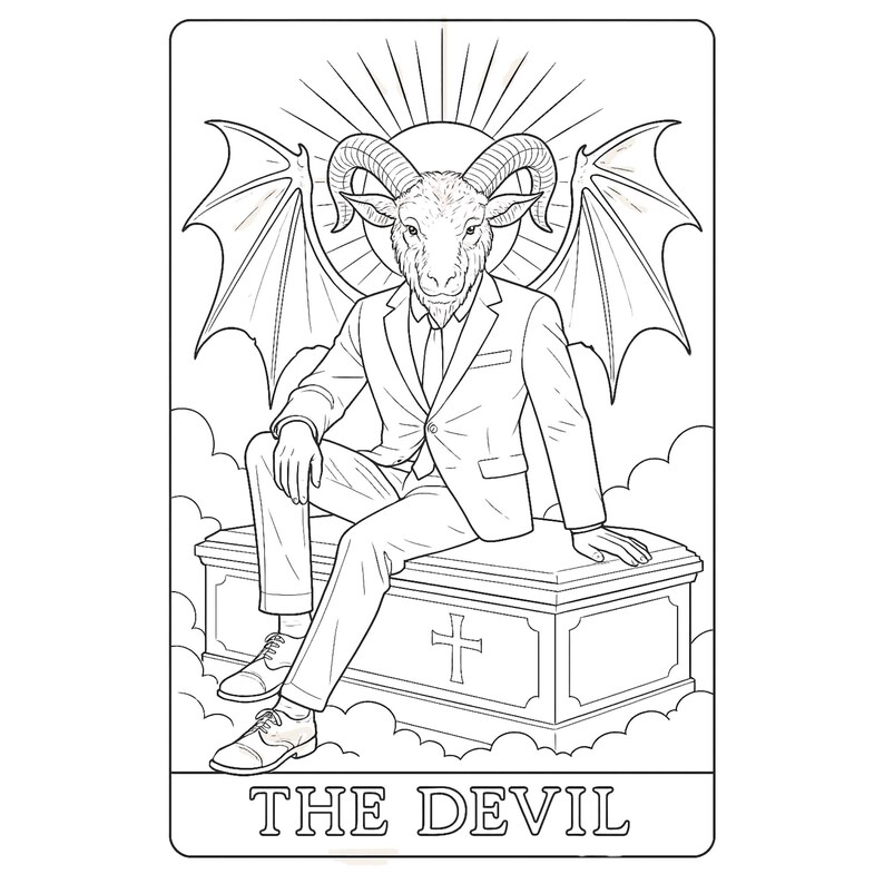 Black and white tarot coloring page of “The Devil” card, featuring a horned demon figure with wings, seated on a stone pedestal, with chained characters and radiant background lines symbolizing temptation and bondage. Intricate line art perfect for adult spiritual coloring, tarot symbolism exploration, printable PDF art therapy, mindfulness activities, and metaphysical self-reflection.