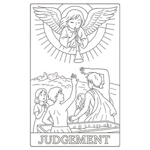 Black and white tarot coloring page of “Judgement” card featuring an angel with wings and trumpet above rising figures, symbolizing resurrection, rebirth, and spiritual awakening. Includes radiant sunburst background and detailed human forms emerging from coffins. Ideal for printable adult coloring, metaphysical self-reflection, tarot study, mindfulness activities, and spiritual art therapy.