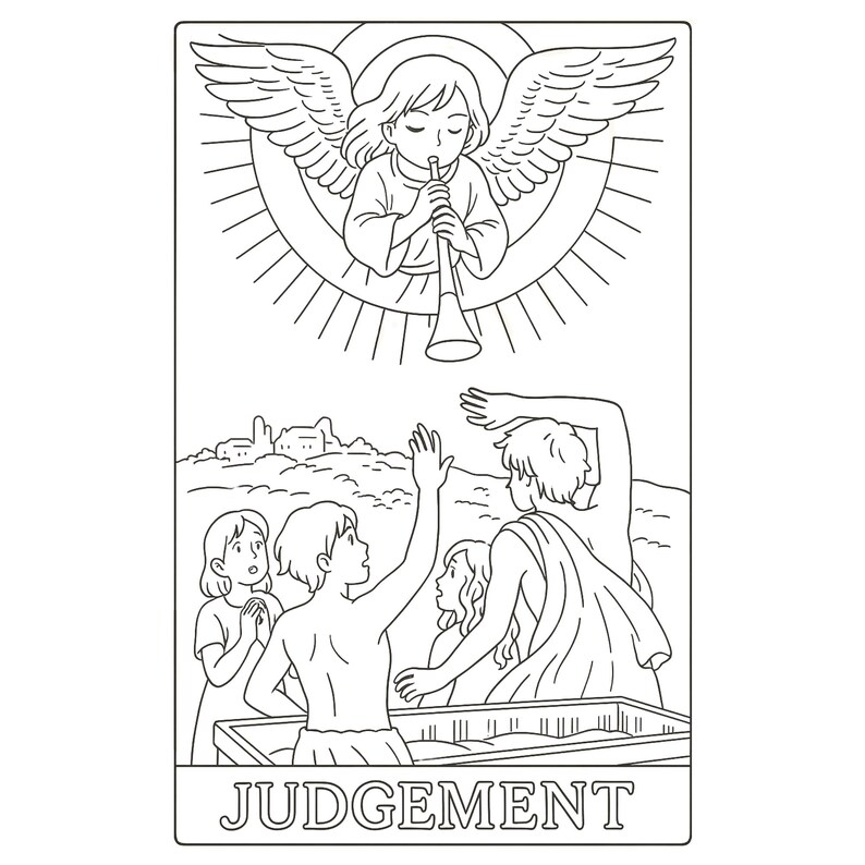 Black and white tarot coloring page of “Judgement” card featuring an angel with wings and trumpet above rising figures, symbolizing resurrection, rebirth, and spiritual awakening. Includes radiant sunburst background and detailed human forms emerging from coffins. Ideal for printable adult coloring, metaphysical self-reflection, tarot study, mindfulness activities, and spiritual art therapy.