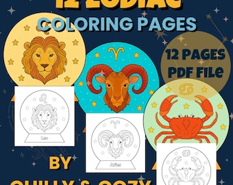 12 Zodiac Coloring Pages – Printable Astrology Art for Kids & Adults | Instant Download