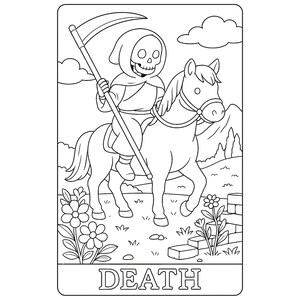 Black and white tarot coloring page of “Death” card featuring a skeletal figure in armor riding a white horse, holding a scythe, with flowers, mountains, and fallen figures in the background. Symbolizes transformation, rebirth, and endings. Detailed line art ideal for printable tarot deck coloring, spiritual awakening, shadow work, mindfulness practice, and metaphysical art therapy for adults and teens.